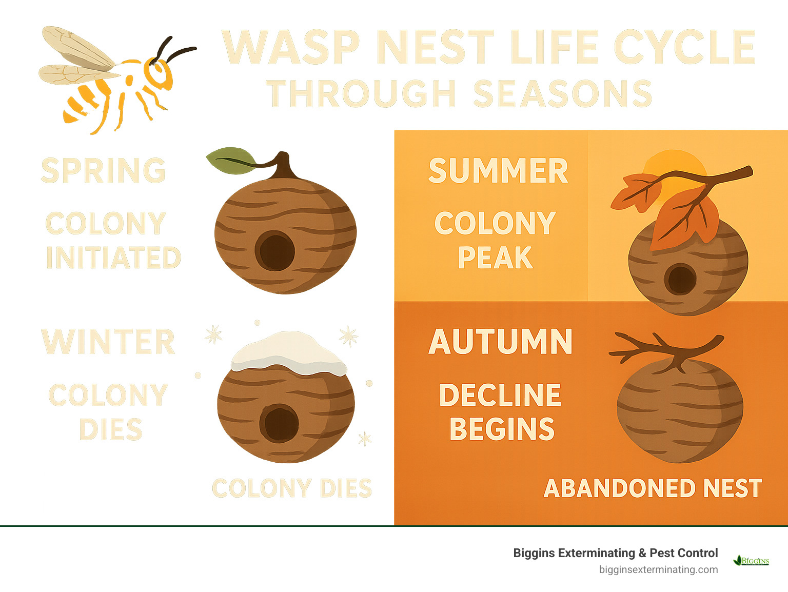 Wasp nest lifecycle through seasons showing colony death in winter and abandoned nests - can i remove a wasps nest in winter infographic