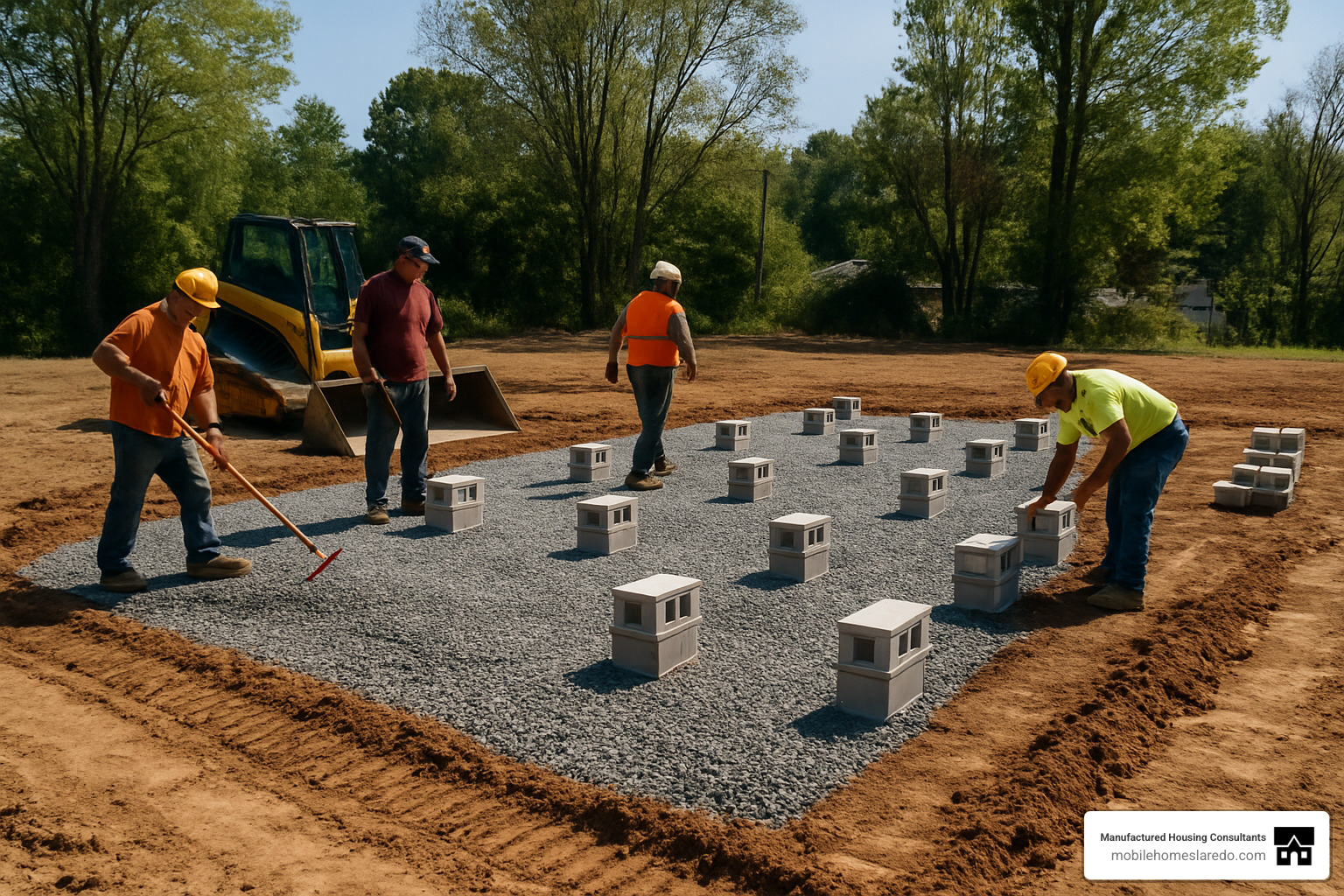crew preparing foundation for mobile home - mobile home installation