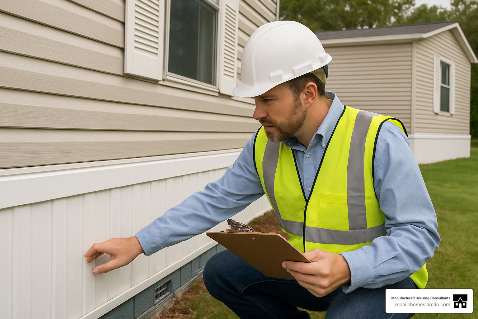 inspector checking mobile home installation - mobile home installation