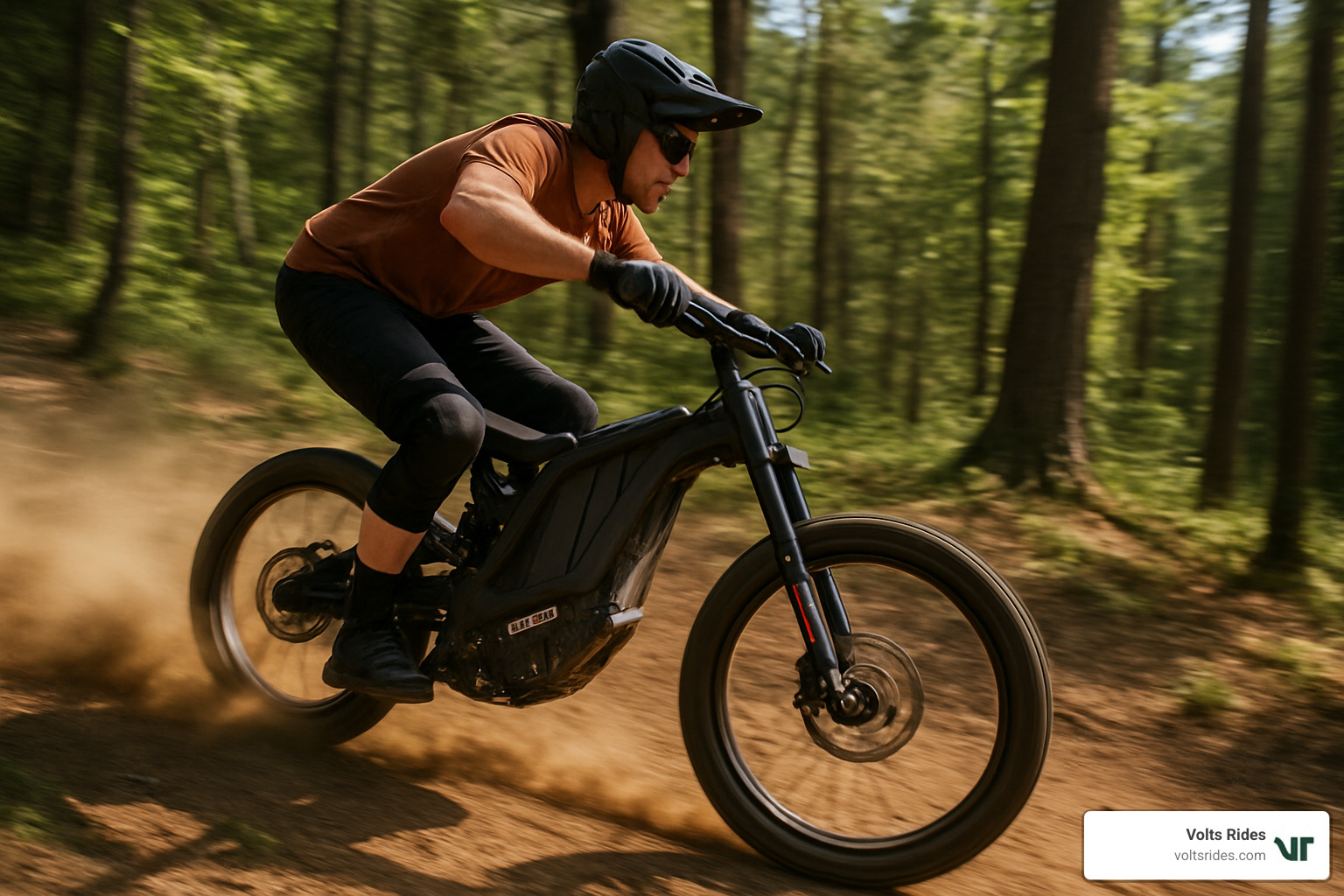 rider using regenerative braking on a downhill trail - surron electric bike