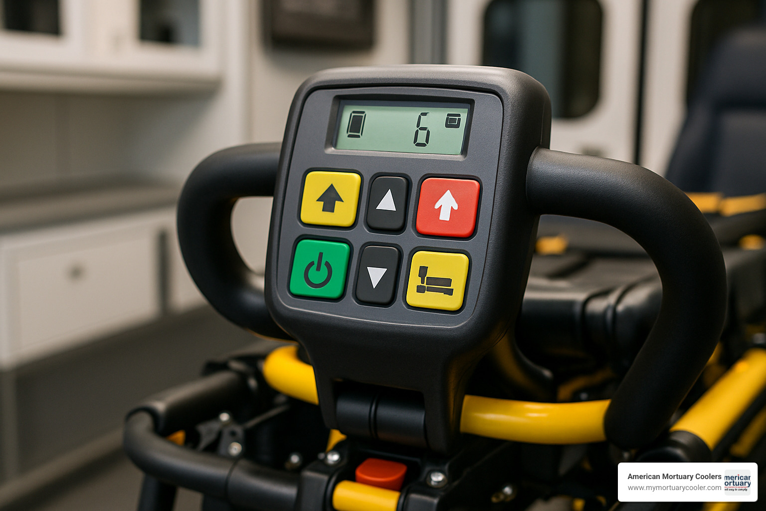Close-up of powered ambulance stretcher controls - stretcher