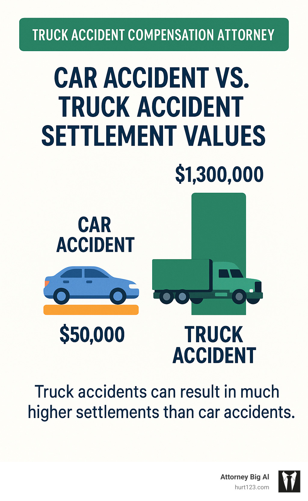 Comparison of car accident vs truck accident settlement values showing significantly higher values for truck accidents - truck accident compensation attorney infographic 