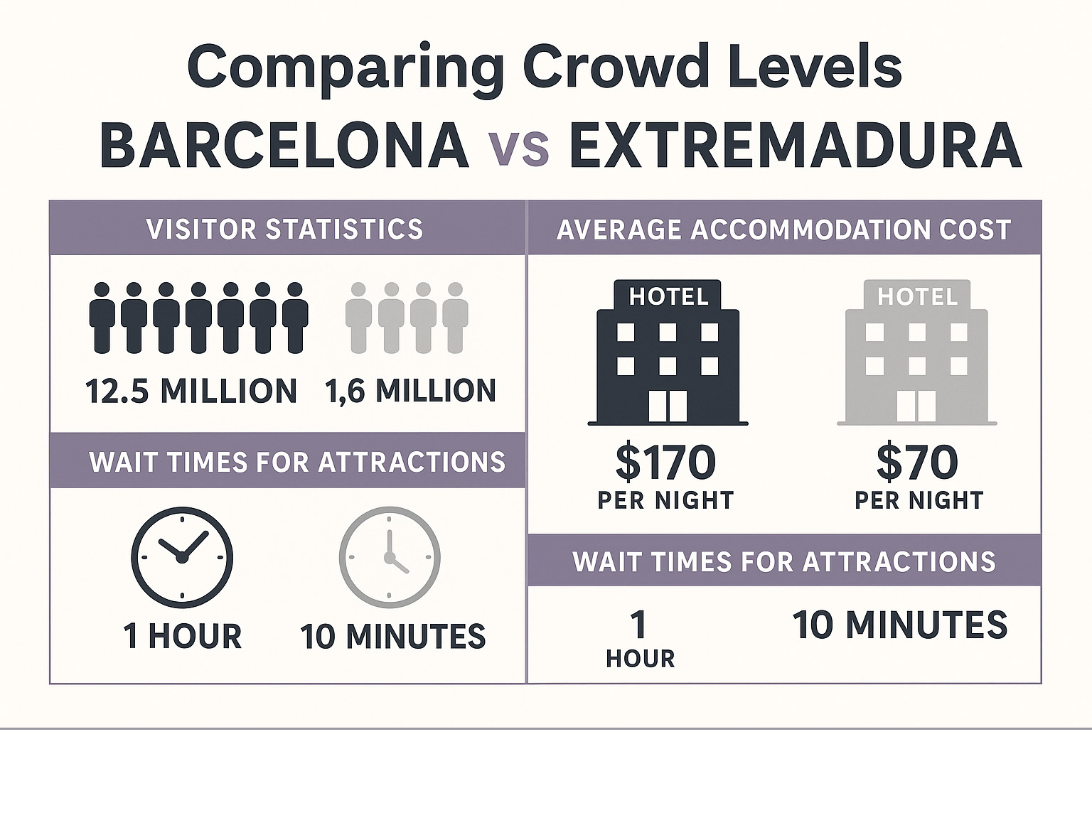 Infographic comparing crowd levels in Barcelona vs Extremadura showing visitor statistics, average accommodation costs, and wait times for attractions - best off the beaten path european destinations infographic 
