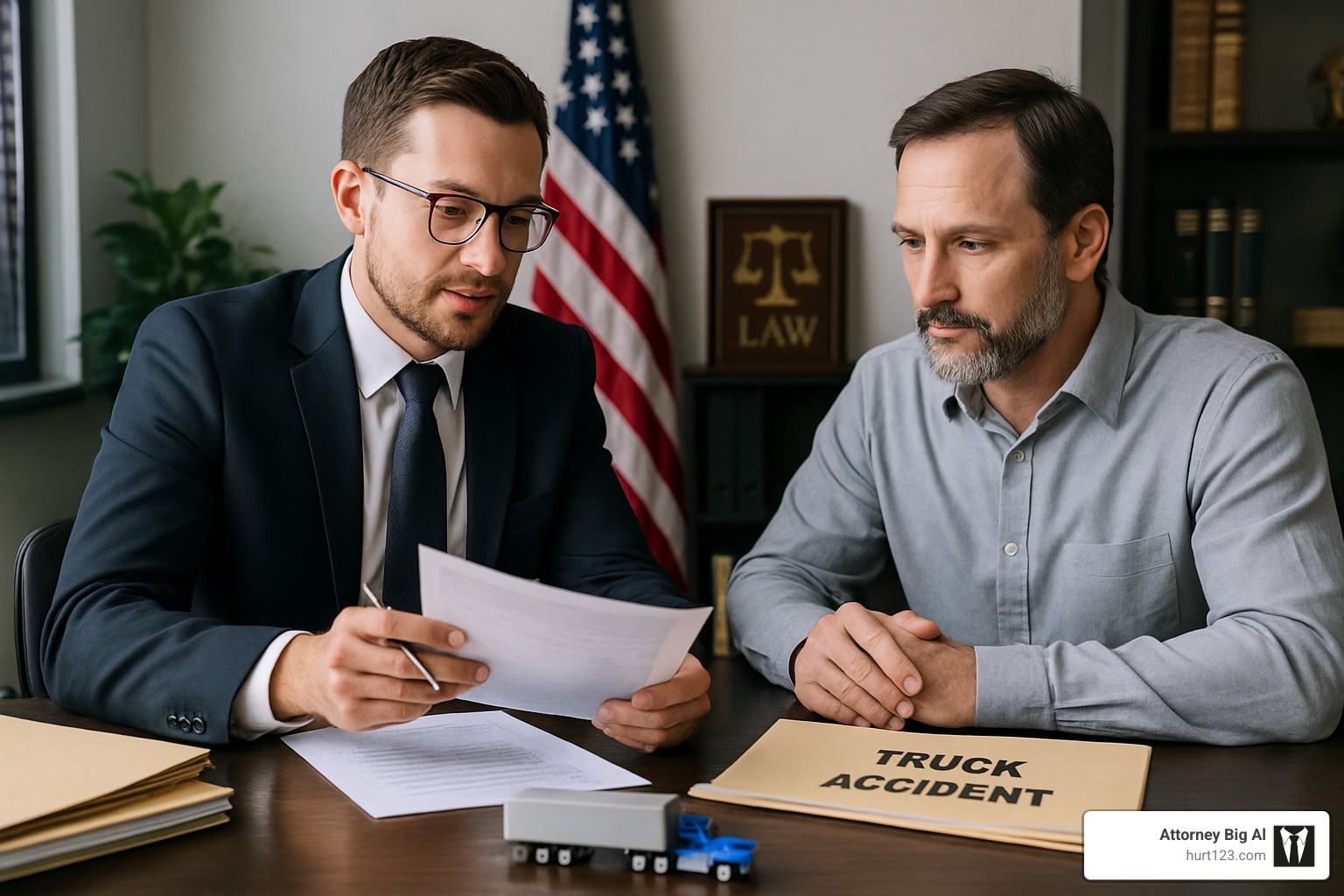 Attorney-client meeting discussing truck accident case - truck accident compensation attorney