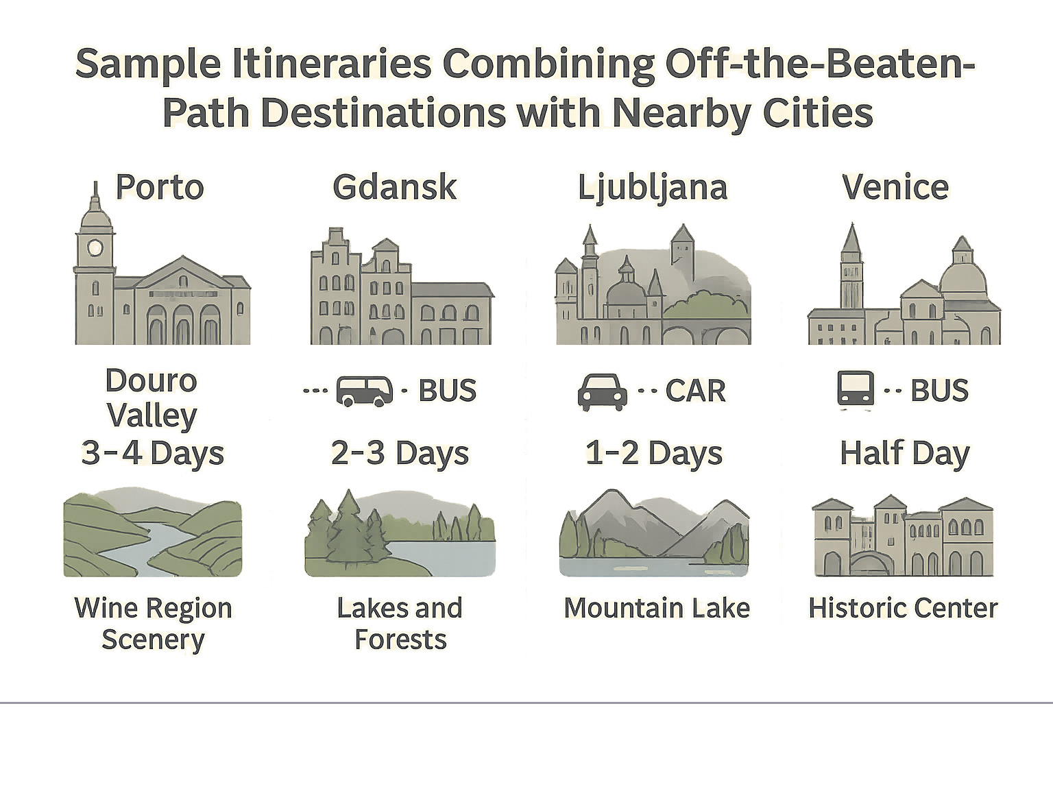 Infographic showing sample itineraries combining off-the-beaten-path destinations with nearby cities, including transportation options, recommended duration, and key experiences - best off the beaten path european destinations infographic 