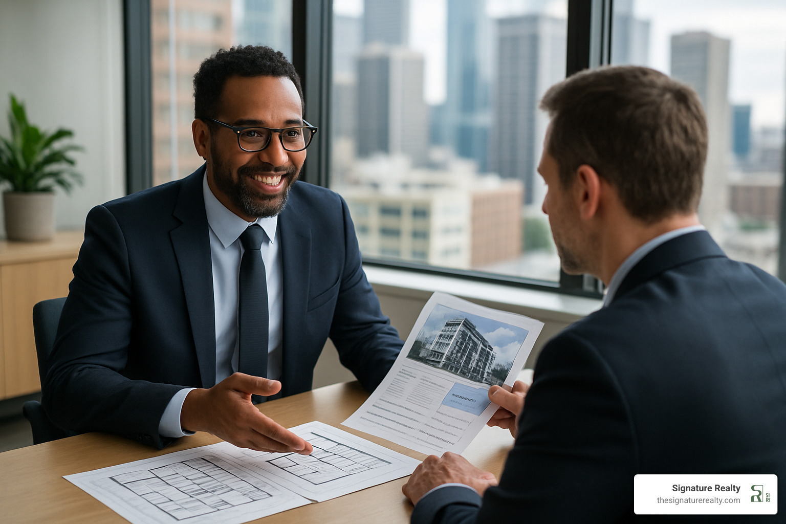 broker reviewing commercial space options with client - tenant broker