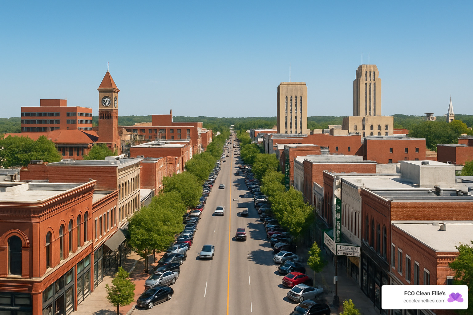 downtown Lawrence Kansas skyline - green office cleaning Lawrence KS