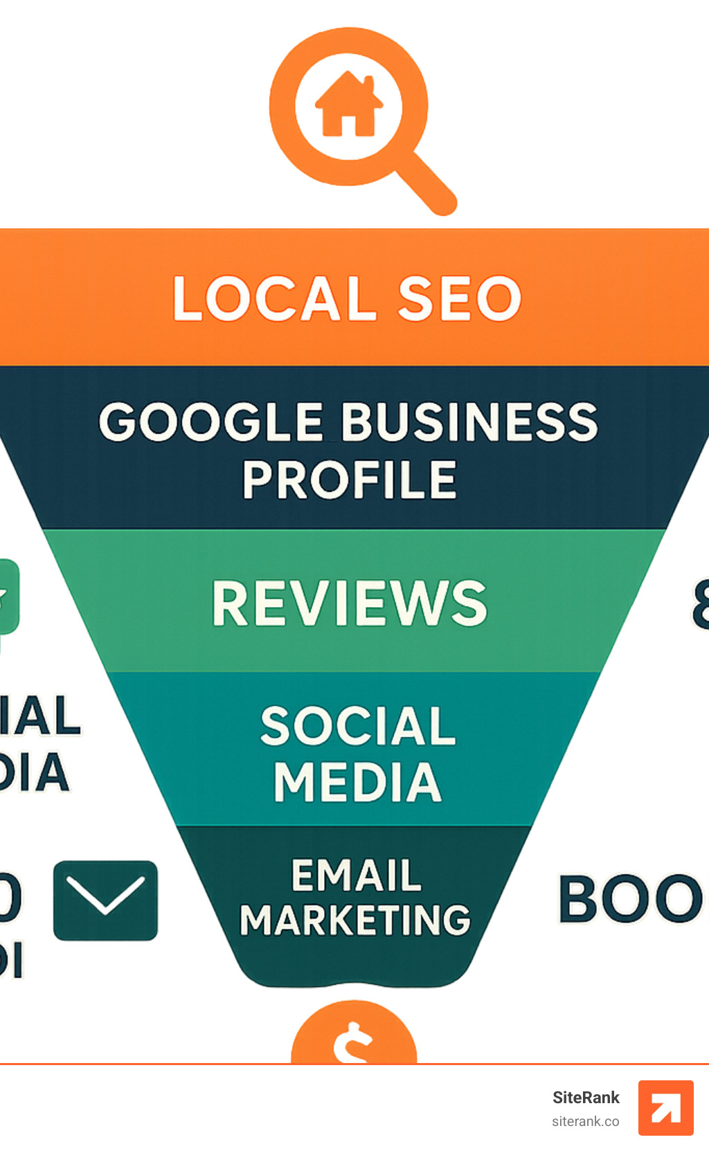 Comprehensive home services online marketing funnel showing customer journey from search to booking, featuring local SEO, Google Business Profile, reviews, social media, and email marketing with corresponding conversion rates - home services online marketing infographic