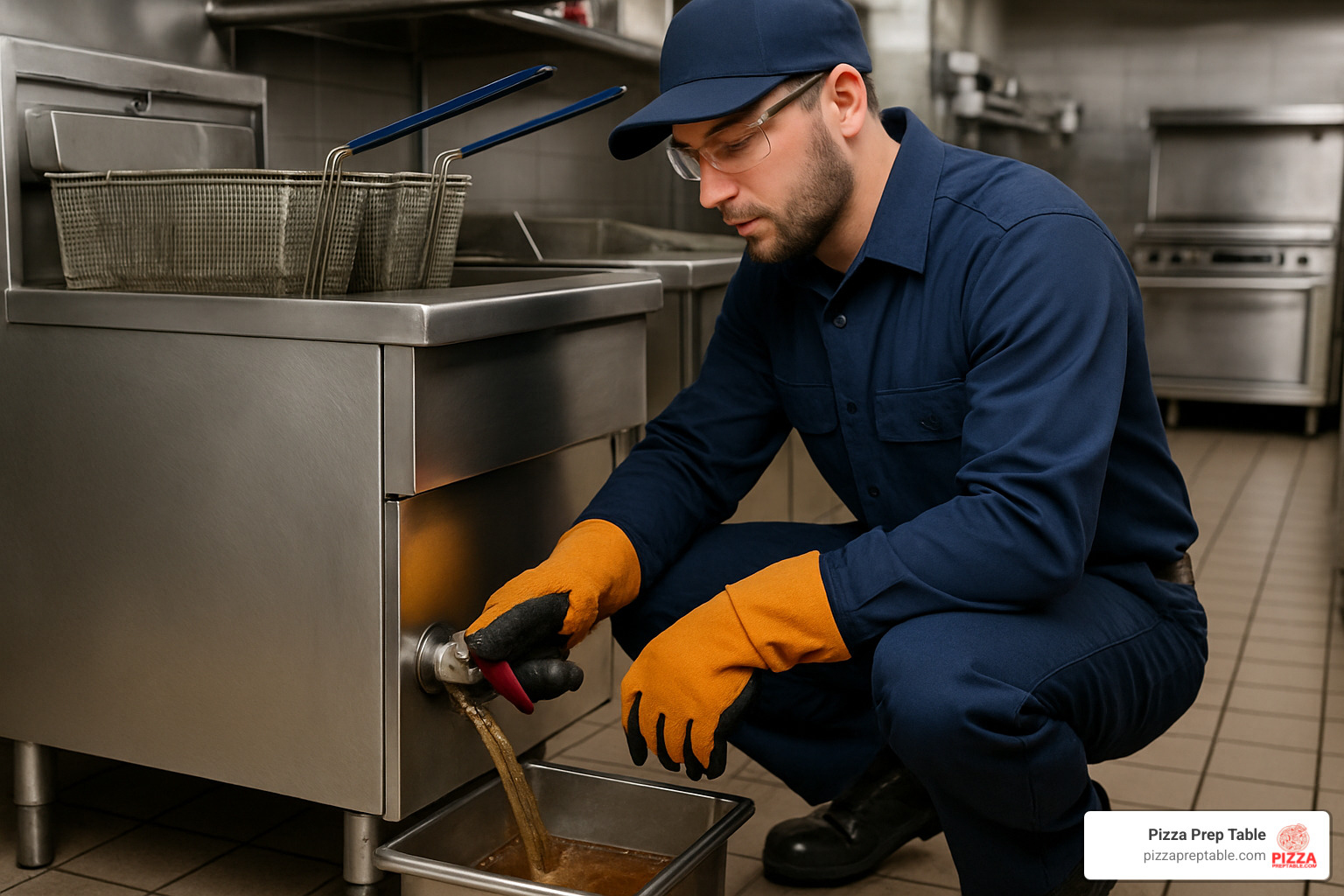 technician flushing drain valve on commercial propane fryer - commercial propane deep fryer