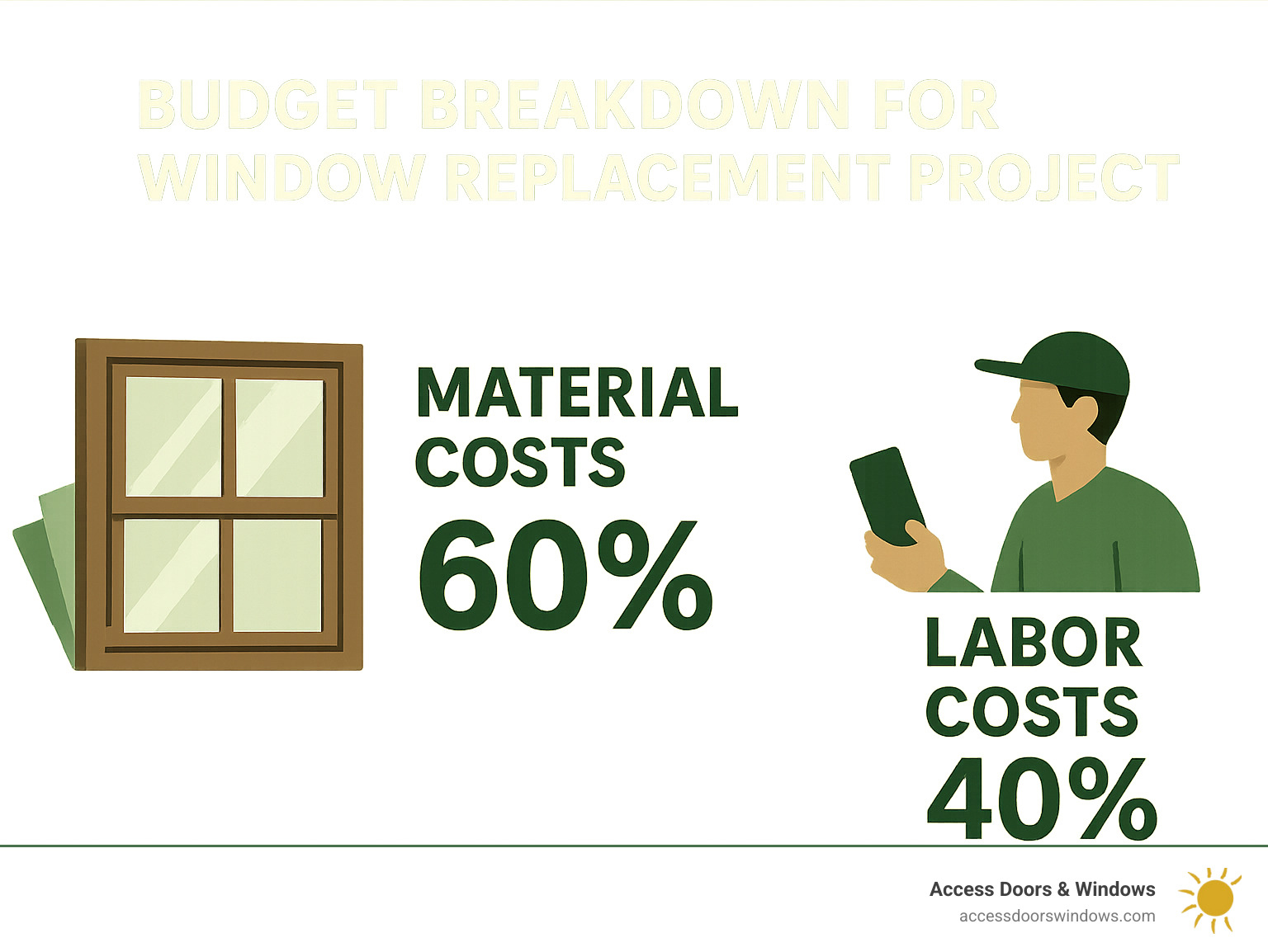 Budget breakdown for window replacement project showing material and labor costs - home window replacement companies near me infographic 