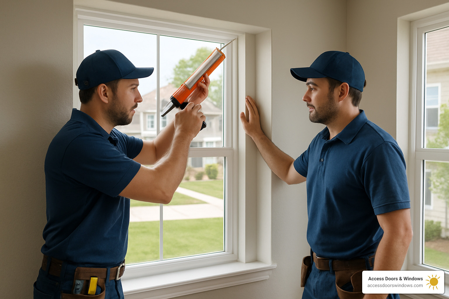 installers sealing a new window frame - home window replacement companies near me
