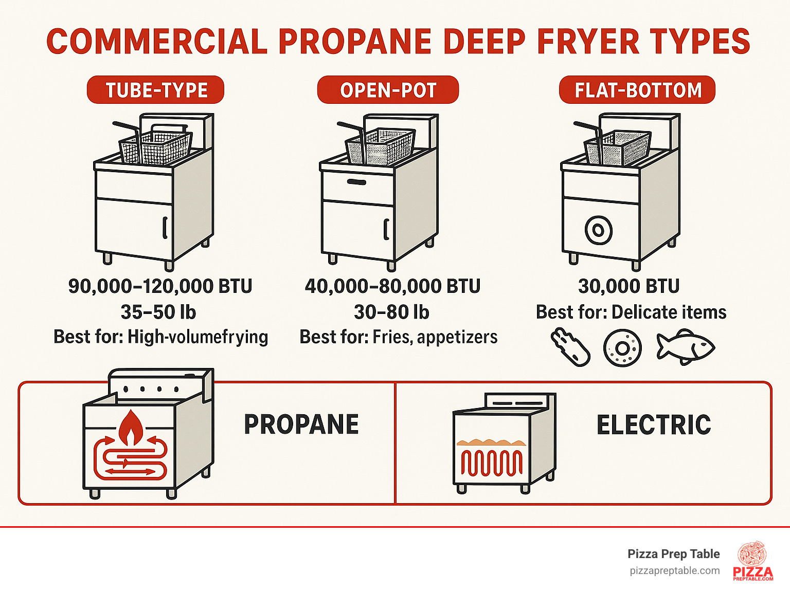 Comparison of commercial propane deep fryer types showing tube-type, open-pot, and flat-bottom designs with their BTU ratings, oil capacities, and best uses for different food items, alongside a diagram of how propane heat circulates through the system compared to electric heating elements - commercial propane deep fryer infographic 