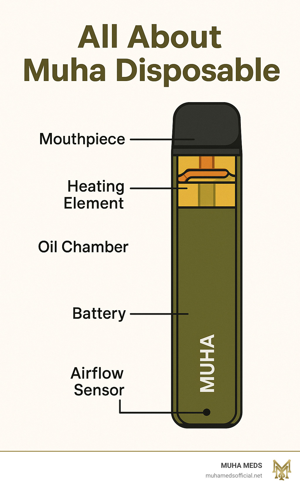 Detailed diagram of a Muha disposable vape showing the mouthpiece, heating element, oil chamber, battery, and airflow sensor with labels for each component - muha disposable infographic 