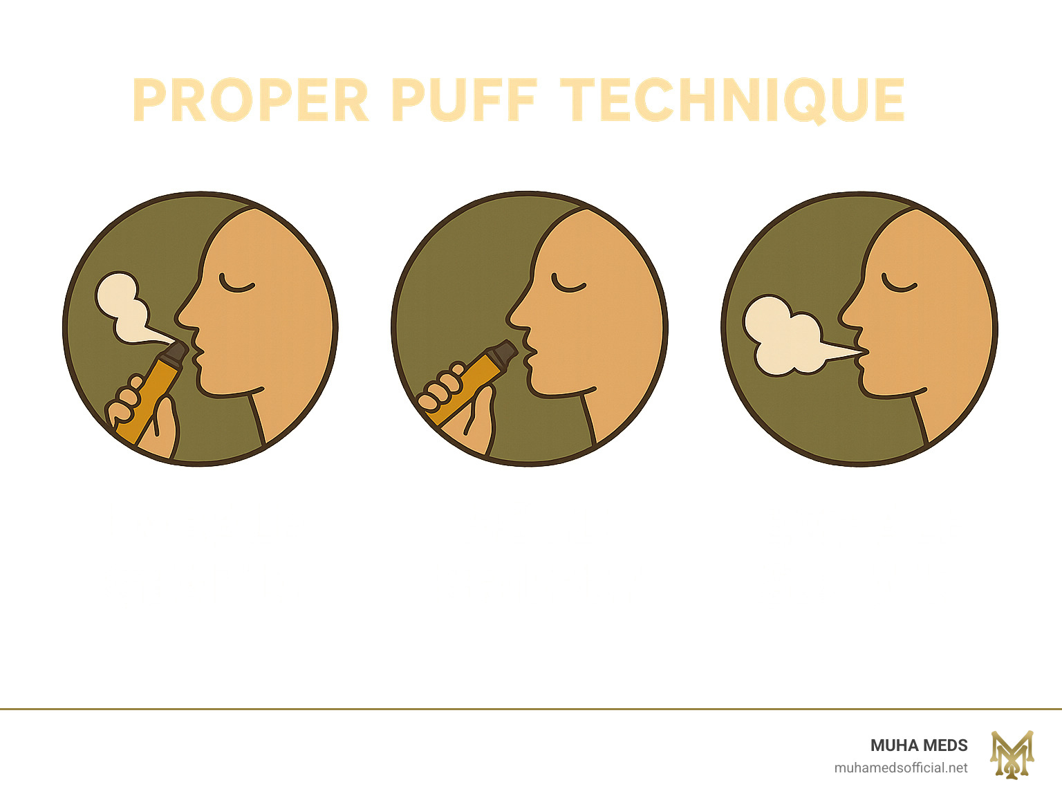Proper puff technique diagram showing gentle inhalation, holding vapor briefly, and exhaling slowly - muha disposable infographic 