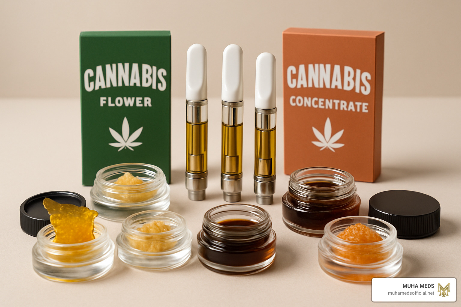 Various cannabis products including vape cartridges and concentrates - muhameds