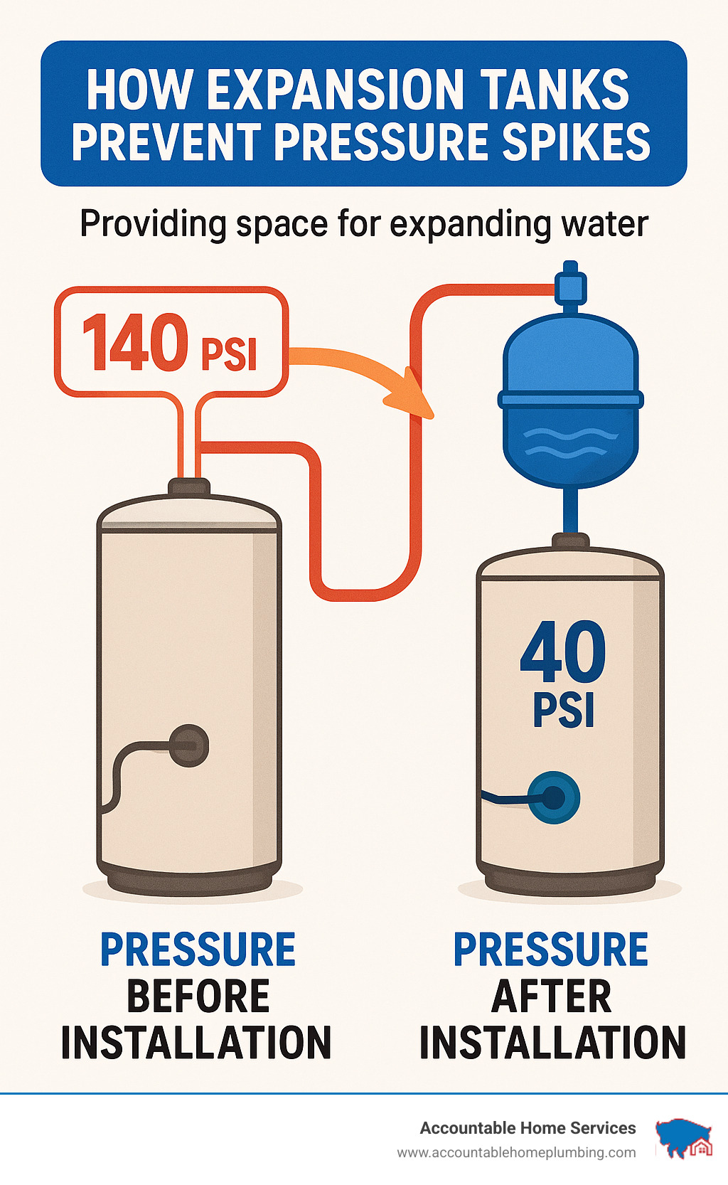 Infographic showing how expansion tanks prevent pressure spikes