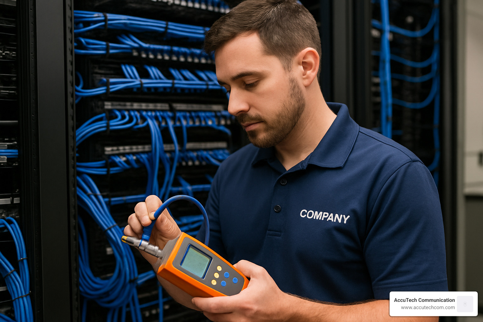 Network technician performing cable testing - MA Network Cabling Companies