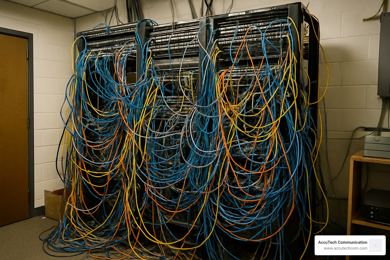 Messy network cables before professional organization - MA Network Cabling Companies