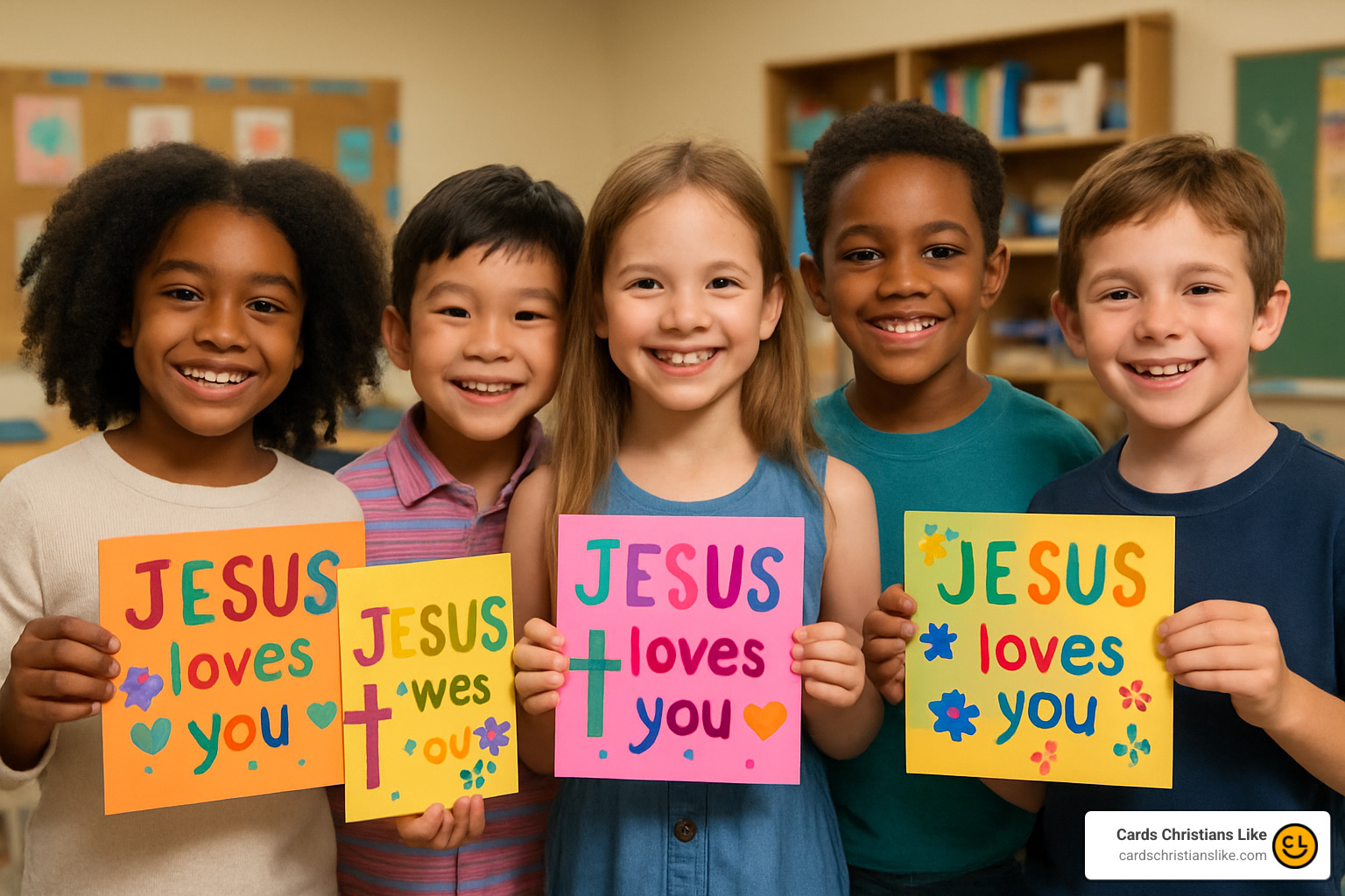 Children holding colorful DIY Jesus loves you cards - jesus loves you cards