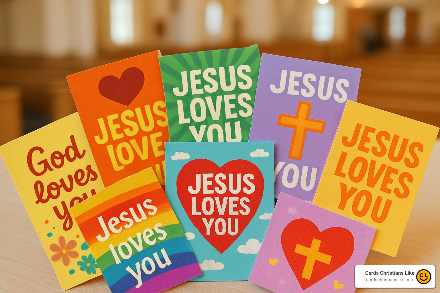 Assorted Jesus loves you card designs fanned out - jesus loves you cards