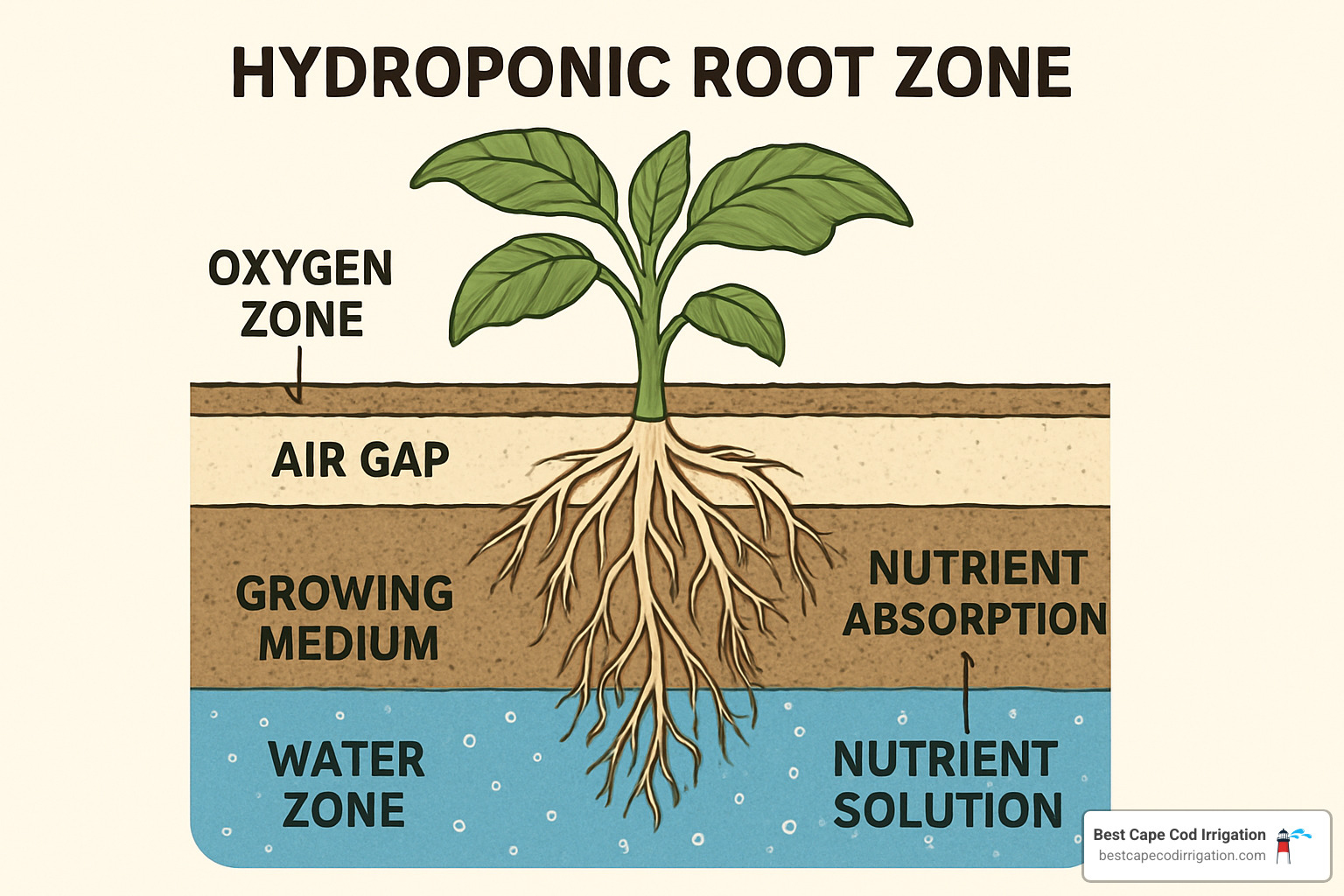 cross section of hydroponic root zone showing oxygen, water and nutrient zones - diy self watering hydroponic system