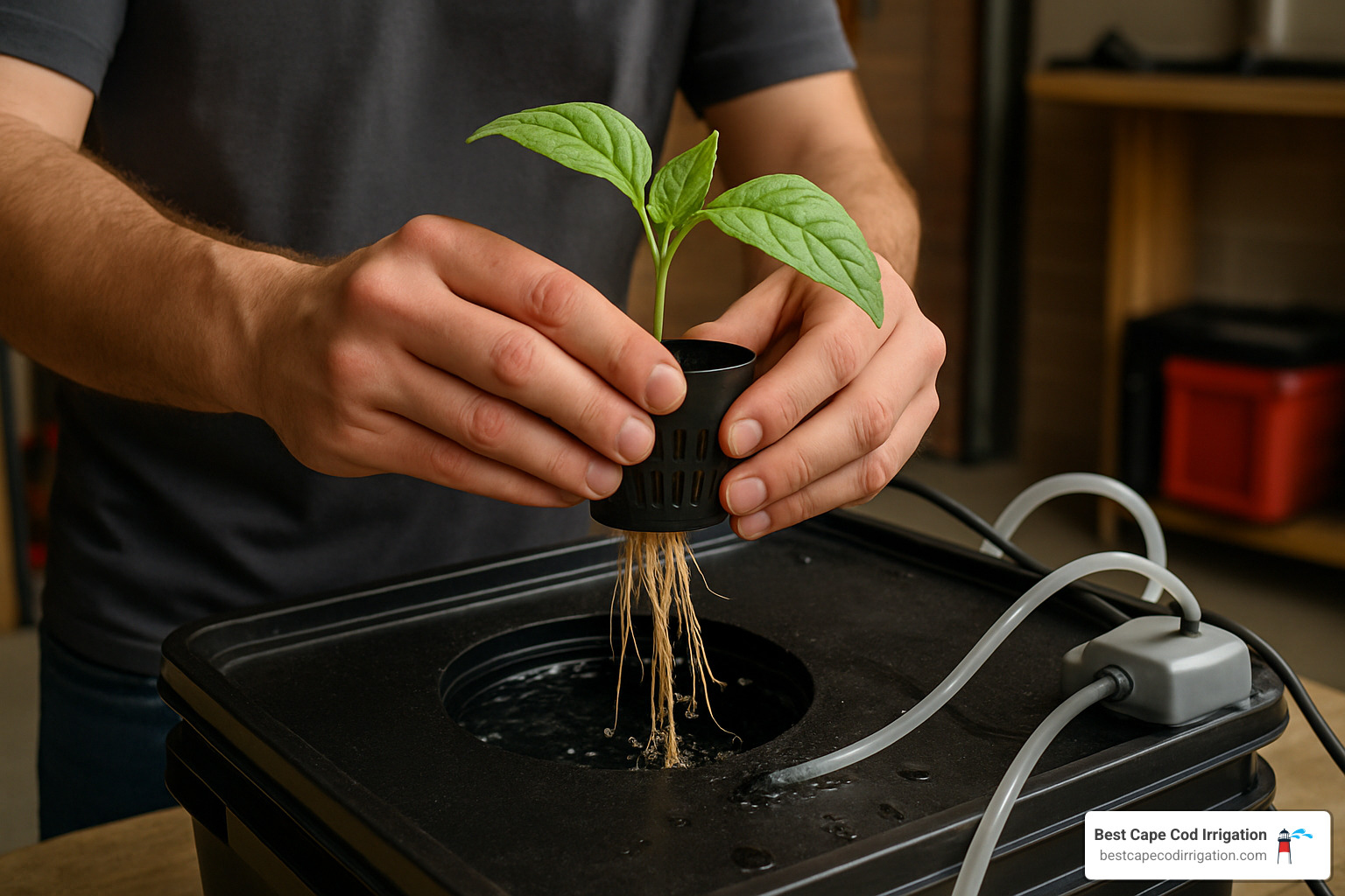 seedling being transferred to hydroponic system - diy self watering hydroponic system