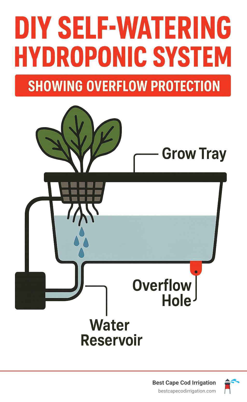 diagram of self watering hydroponic system showing overflow protection - diy self watering hydroponic system infographic