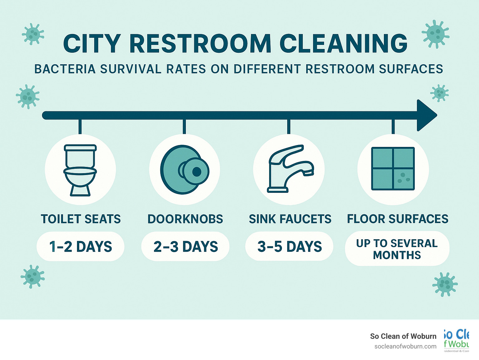 Timeline showing bacteria survival rates on different restroom surfaces: toilet seats (1-2 days), doorknobs (2-3 days), sink faucets (3-5 days), and floor surfaces (up to several months) - City Restroom Cleaning infographic