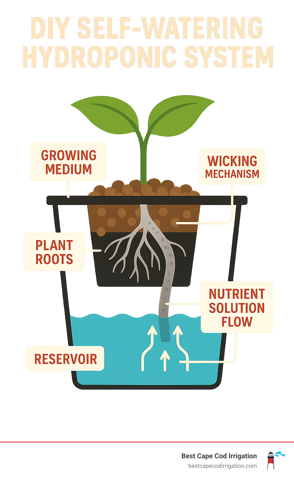Diagram showing the key components of a self-watering hydroponic system including reservoir, growing medium, wicking mechanism, plant roots, air gap for oxygenation, and nutrient solution flow - diy self watering hydroponic system infographic