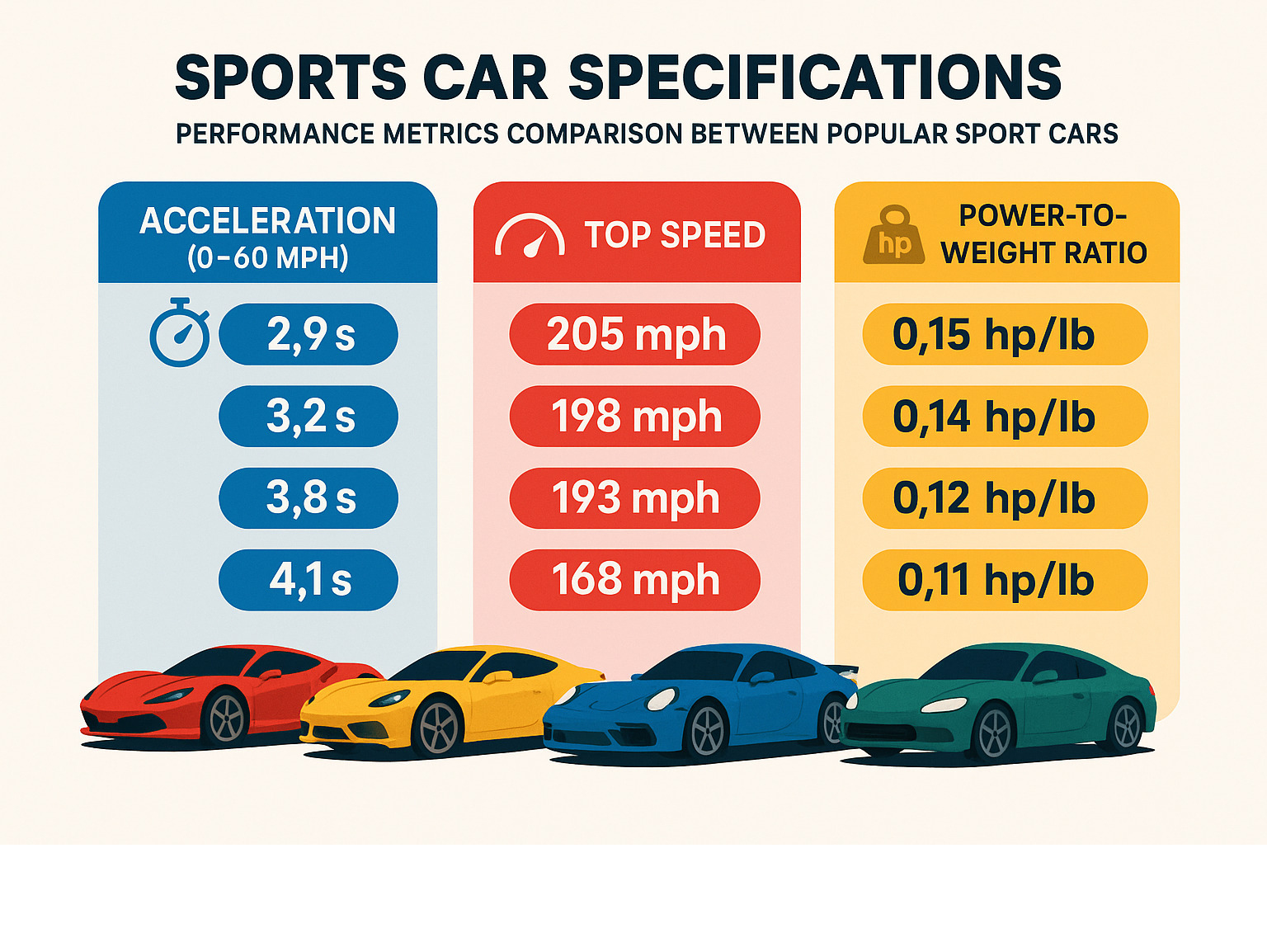 Performance metrics comparison between popular sports cars showing acceleration, top speed, and power-to-weight ratios - sports car specifications infographic 