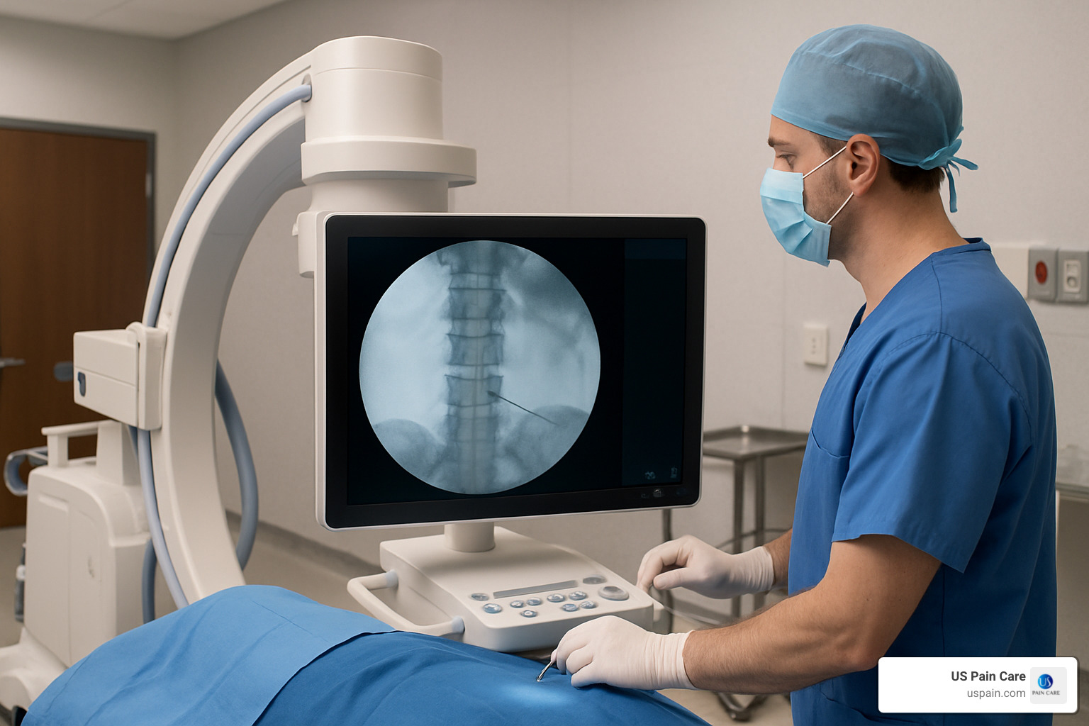 Fluoroscopy machine used for precise guidance during spinal injections - lumbar facet block injection