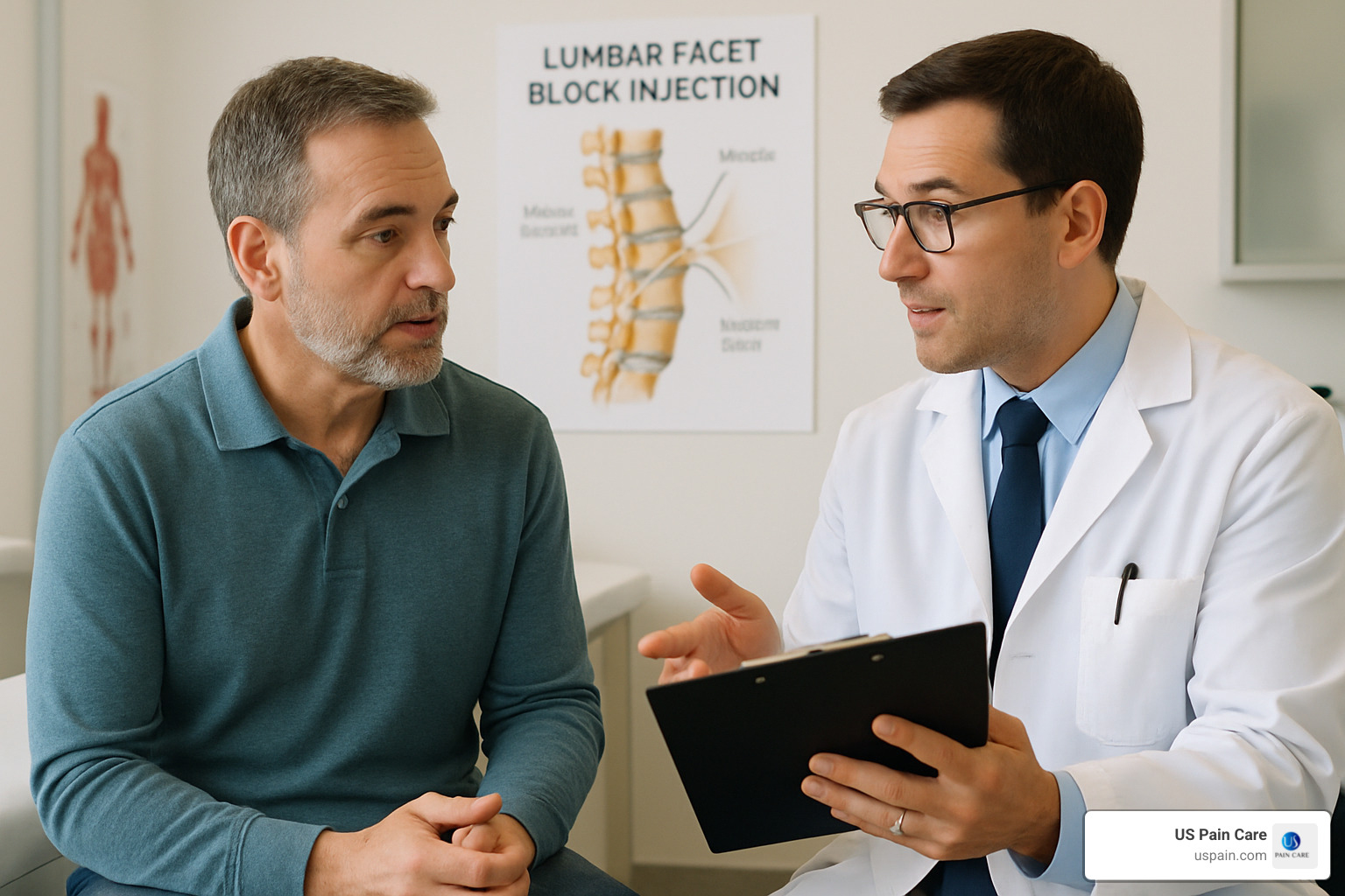 Patient discussing procedure preparation with doctor - lumbar facet block injection