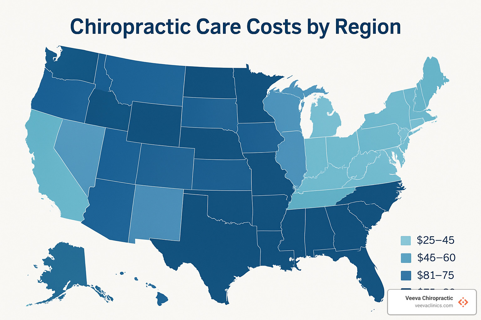 US map showing chiropractic cost variations by region - how much does chiropractic cost