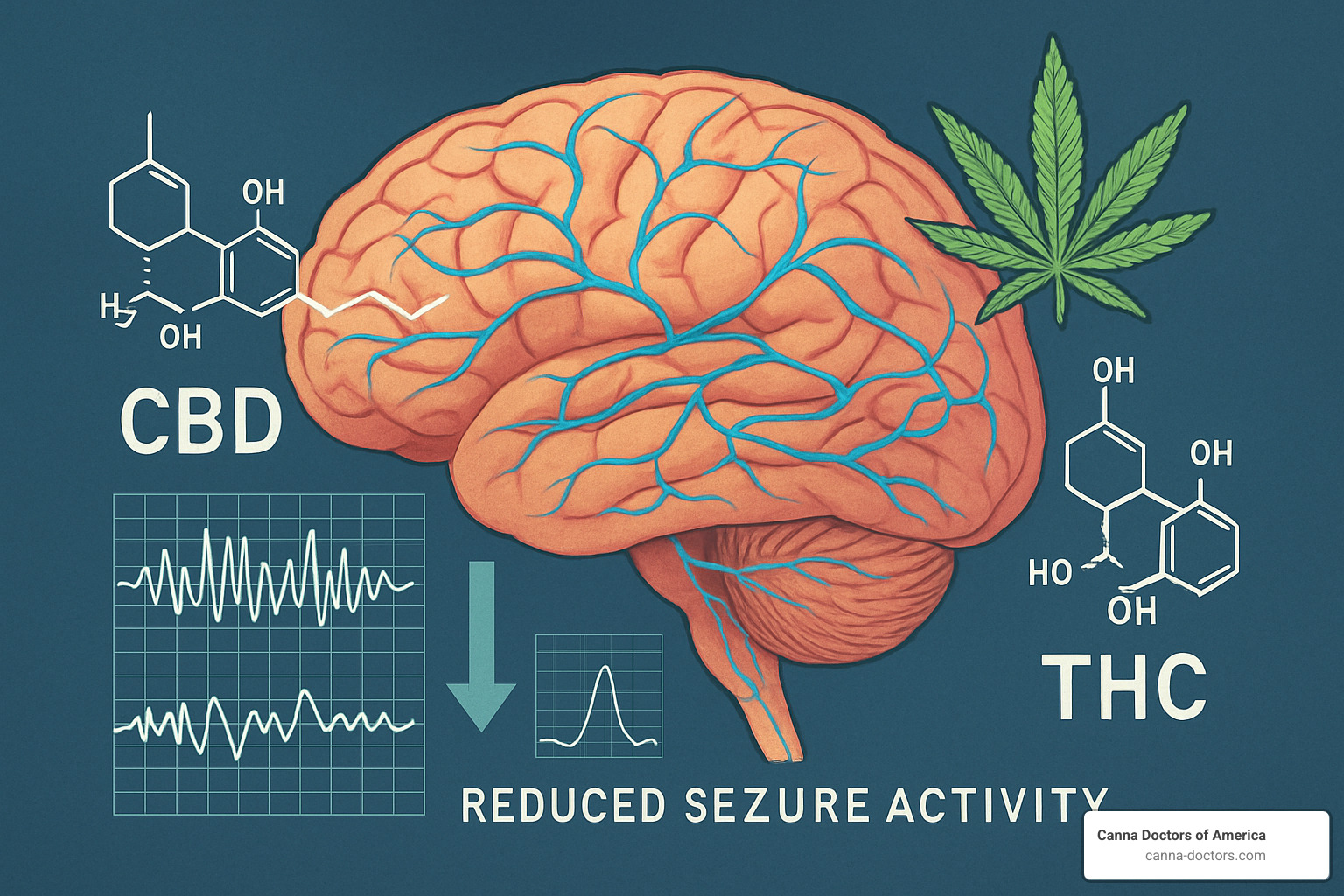 Cannabis and neurological disorders showing brain with cannabis compounds and reduced seizure activity - health benefits of cannabis