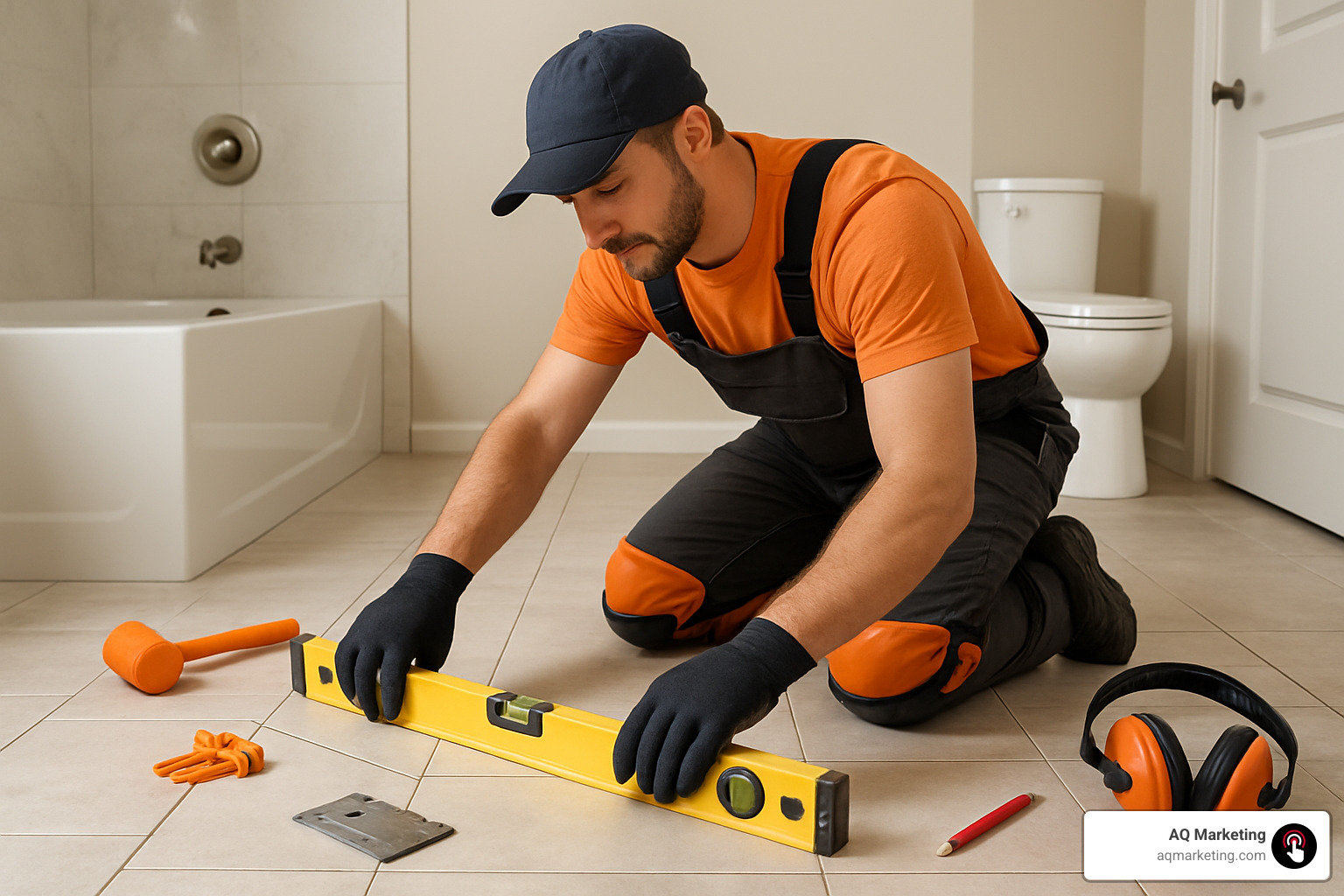 professional installer using leveling tools - bathroom flooring installers