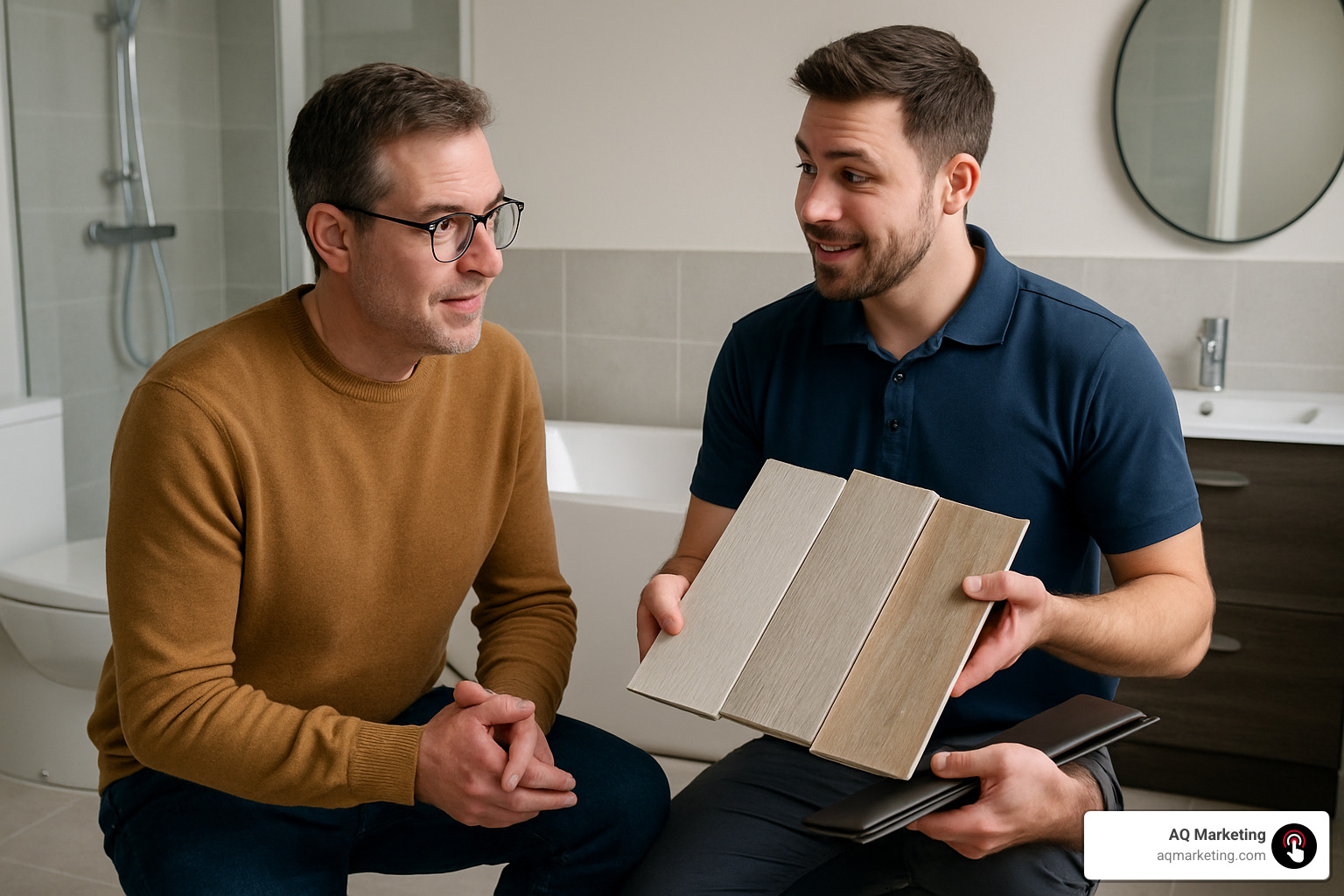 homeowner meeting with bathroom flooring installer - bathroom flooring installers