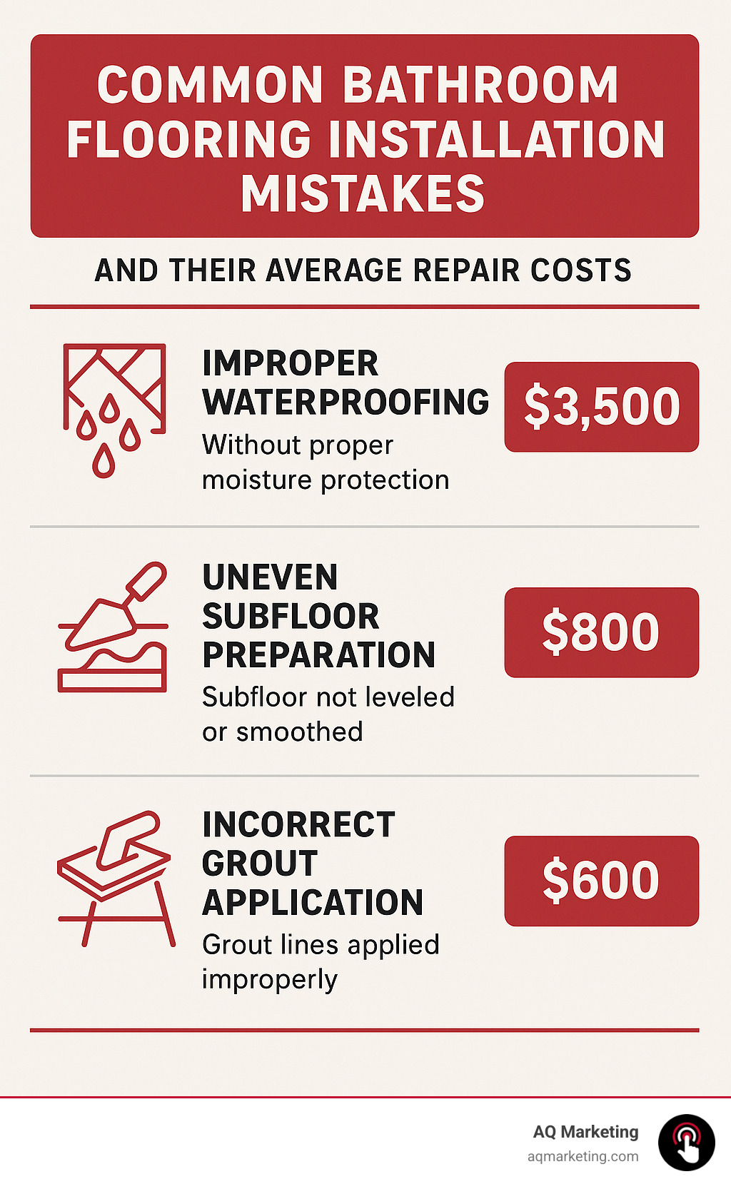 Common bathroom flooring installation mistakes and their average repair costs, including improper waterproofing, uneven subfloor preparation, and incorrect grout application - bathroom flooring installers infographic