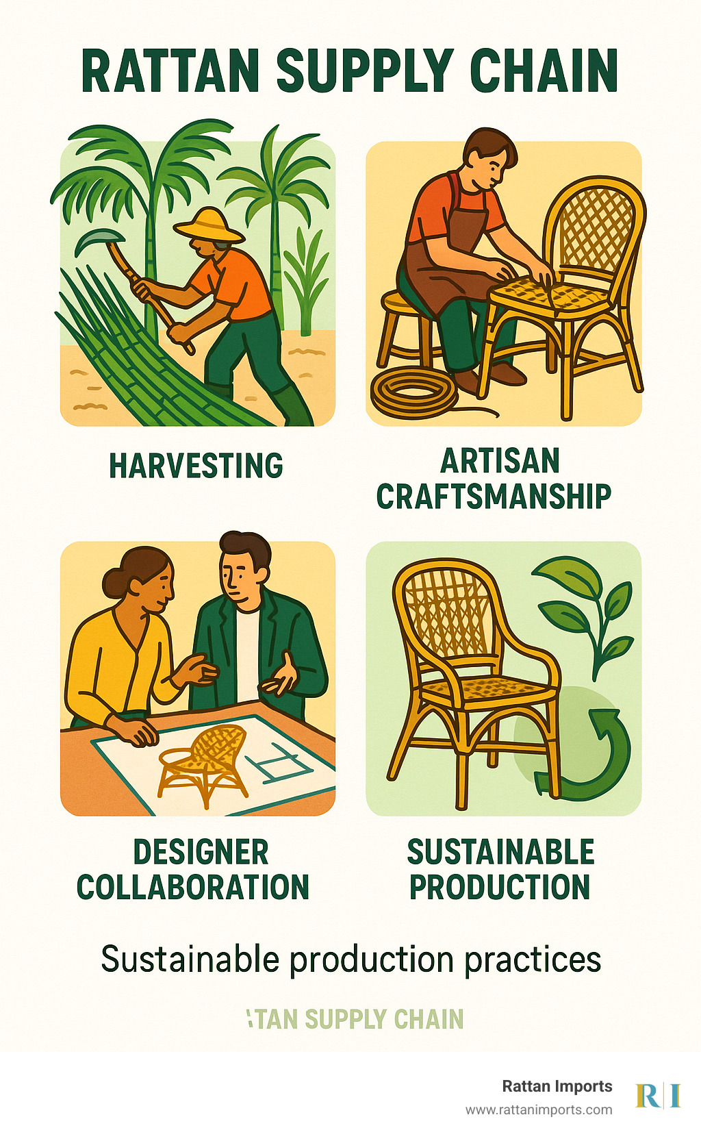Rattan supply chain showing harvesting of rattan palm, artisan craftsmanship process, designer collaboration, and sustainable production practices - designer rattan chair infographic 