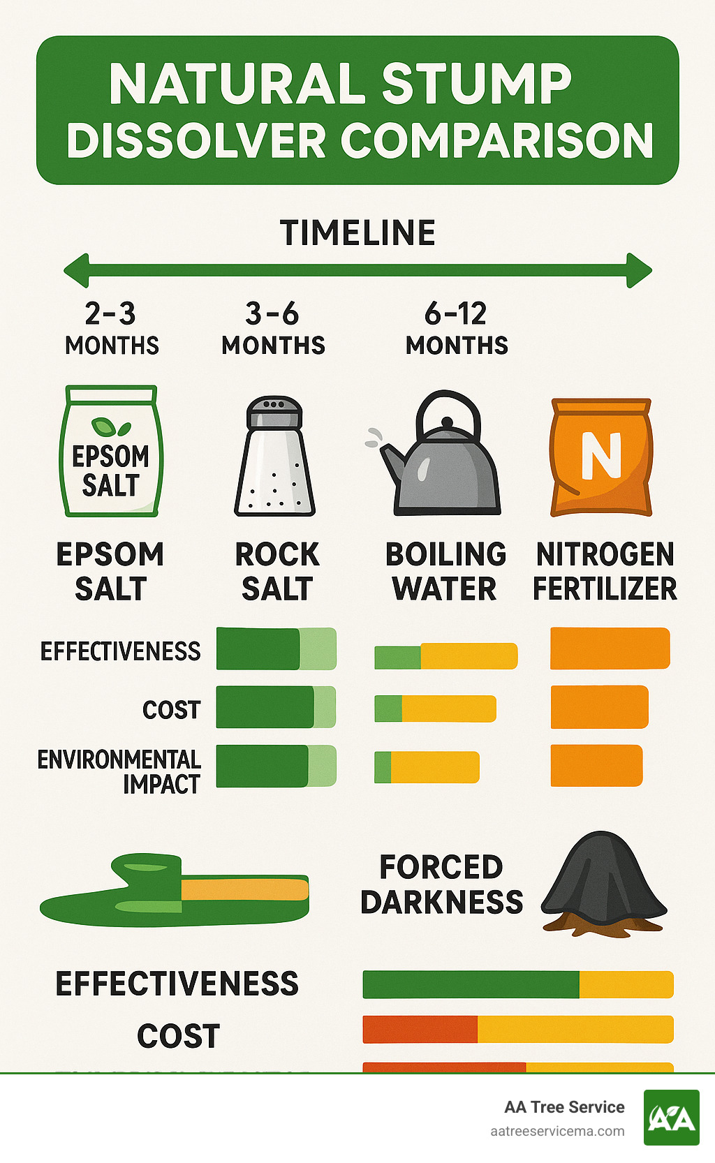 Comparison of natural stump dissolution methods showing timeline, effectiveness, cost, and environmental impact for Epsom salt, rock salt, boiling water, nitrogen fertilizer, and forced darkness methods - natural stump dissolver infographic