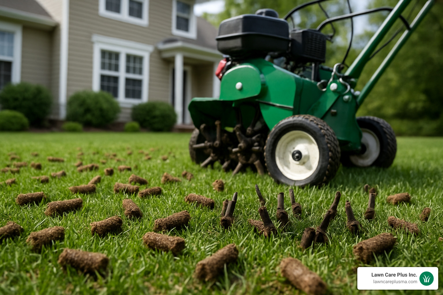 lawn aeration process showing core plugs - lawn care and maintenance