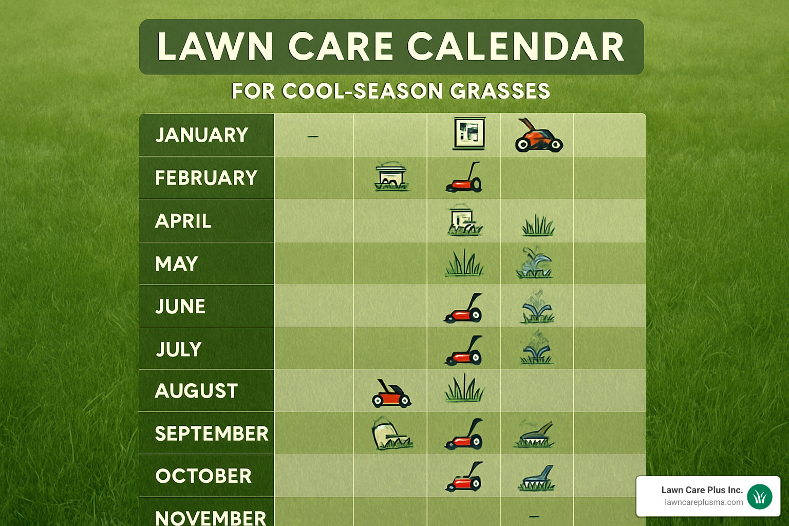 seasonal lawn care calendar showing tasks by month - lawn care and maintenance
