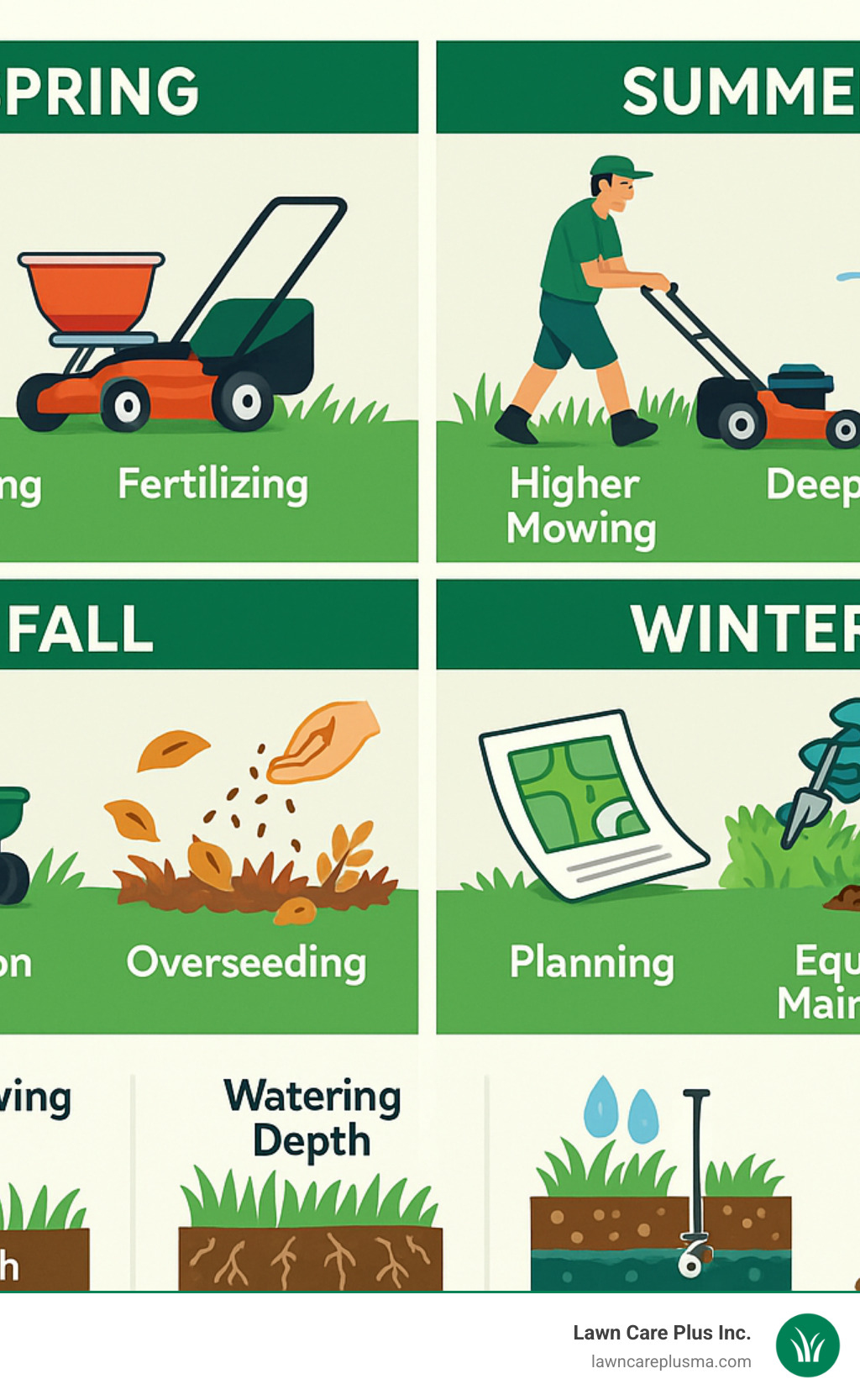 Comprehensive lawn care and maintenance infographic showing seasonal tasks: Spring (dethatching, fertilizing, mowing starts), Summer (higher mowing, deep watering), Fall (aeration, overseeding, leaf removal), and Winter (planning, equipment maintenance). Includes illustrations of proper mowing height, watering depth, and soil testing basics. - lawn care and maintenance infographic 