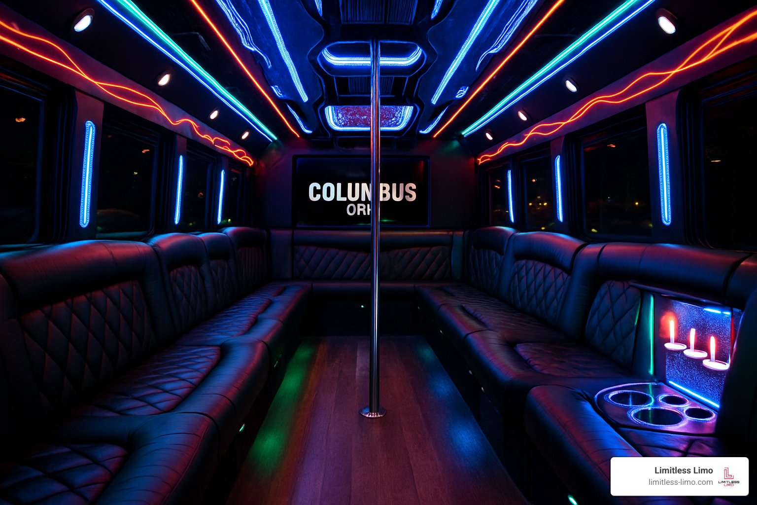 Party bus interior with LED lighting - Columbus Ohio limo rental