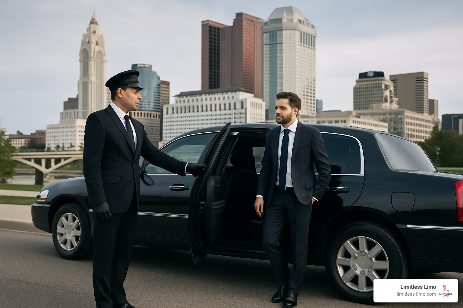 Chauffeur opening limousine door for passenger - Columbus Ohio limo rental