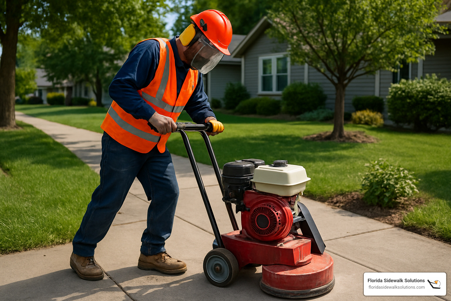 operator using walk-behind concrete grinder on sidewalk - grinding sidewalk trip hazard