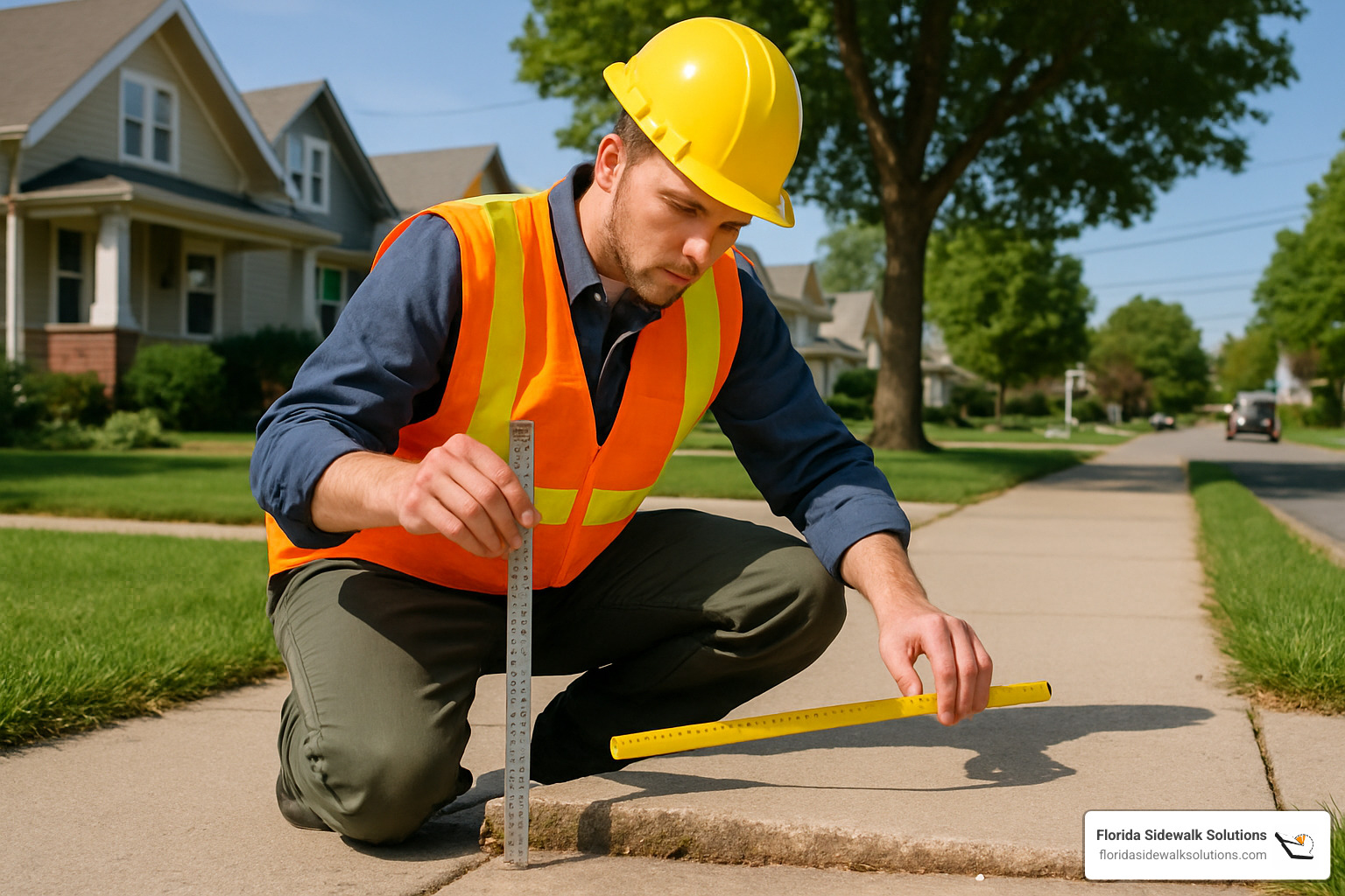 city worker inspecting sidewalk trip hazard - grinding sidewalk trip hazard