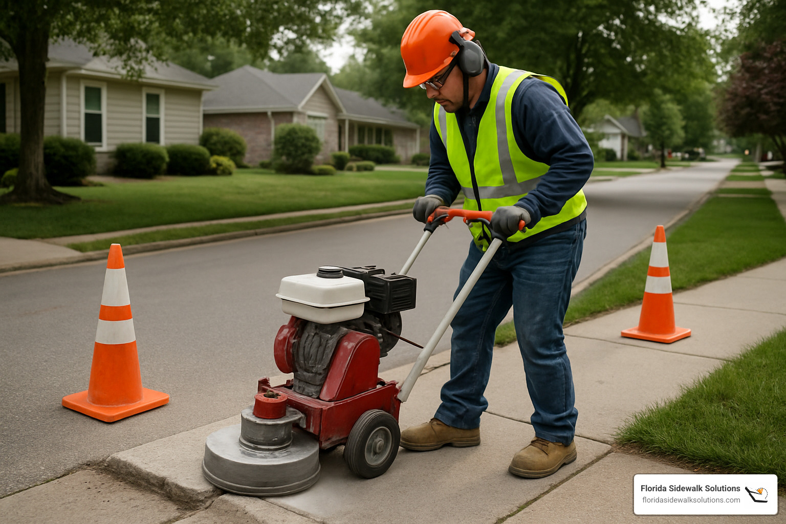 concrete grinder in action on sidewalk - grinding sidewalk trip hazard