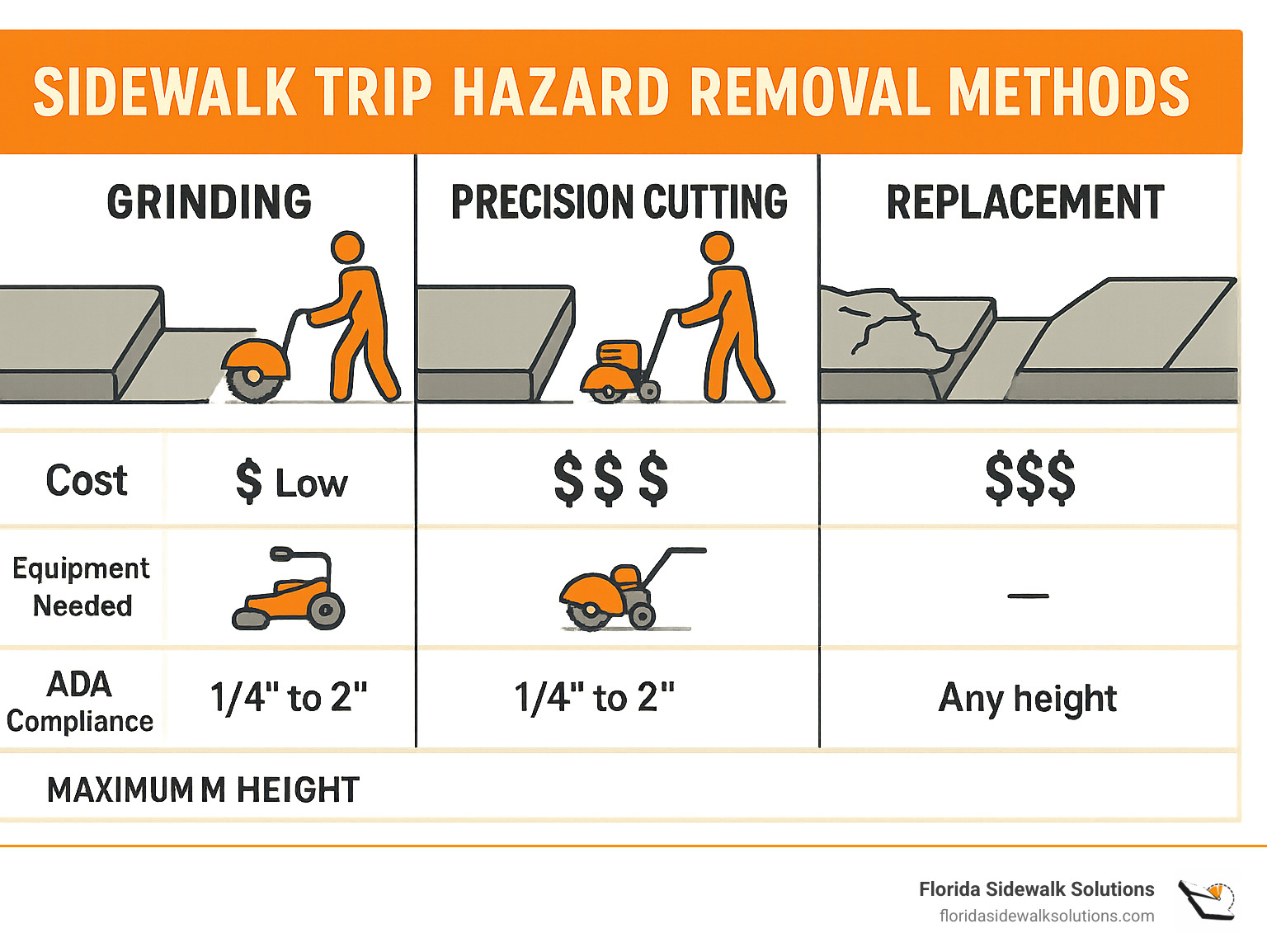 Sidewalk trip hazard removal methods showing grinding process, precision cutting, and replacement with their respective costs, equipment needed, and ADA compliance specifications - grinding sidewalk trip hazard infographic 
