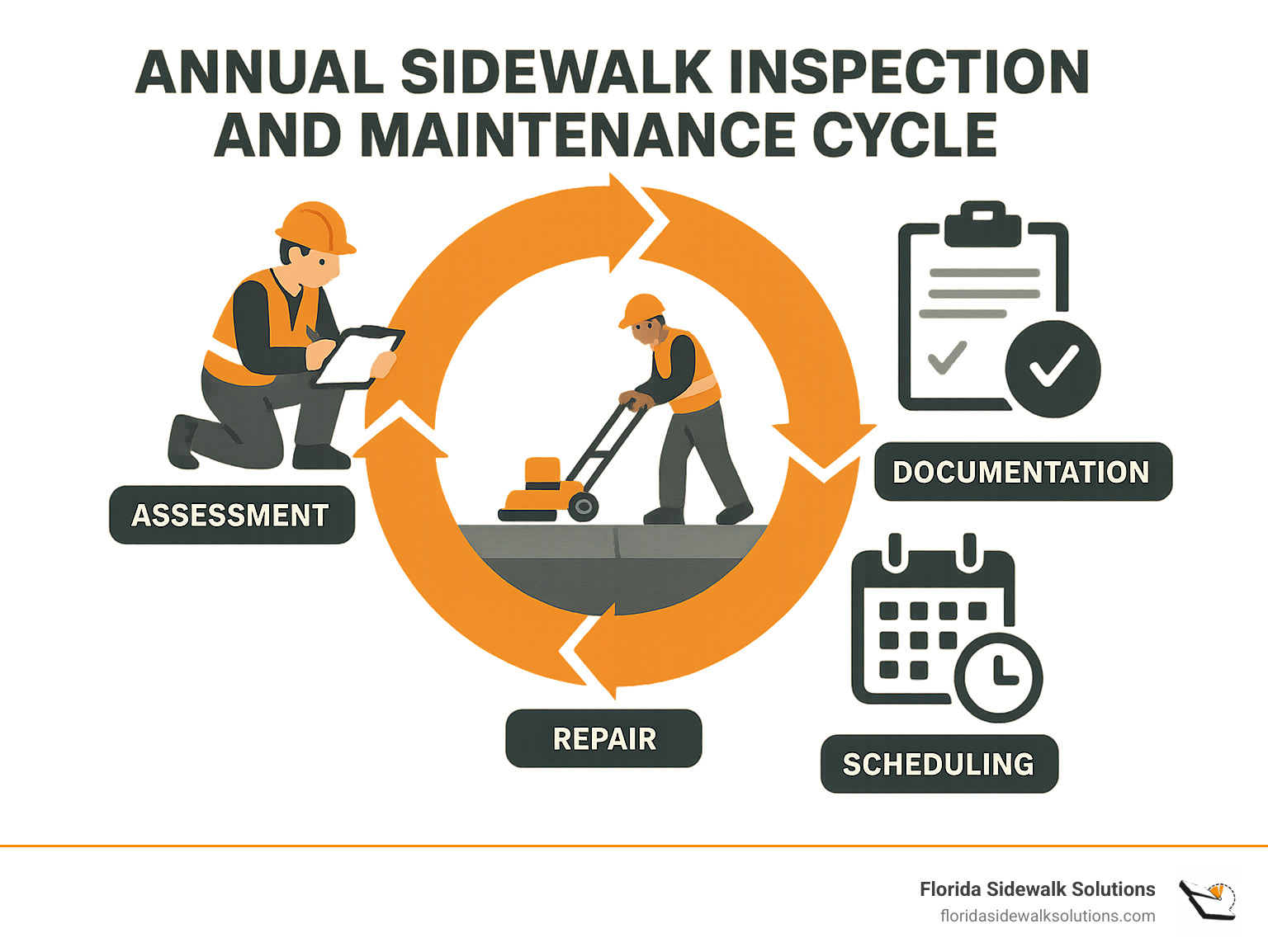 Annual sidewalk inspection and maintenance cycle showing assessment, repair, documentation, and scheduling phases - grinding sidewalk trip hazard infographic 