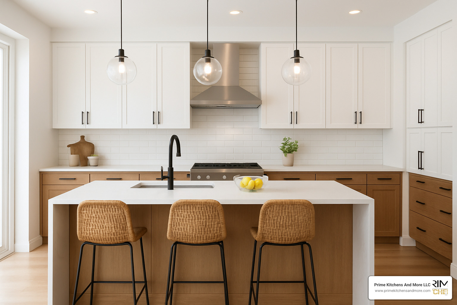 Modern kitchen with two-tone cabinets and waterfall island - kitchen remodeling cost orlando